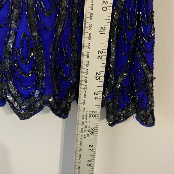 Stenay silk blue‎ cocktail evening blouse with black sequins and beading. Size M - Picture 8 of 11